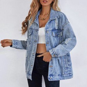 Blue Light Washed colored Denim Jacket Coat NEW Botton up 80s/90s Ripped Style
